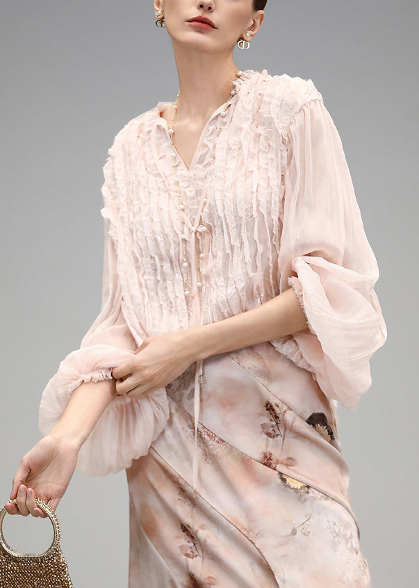 Pink V Neck Wrinkled Chiffon Tops Fall