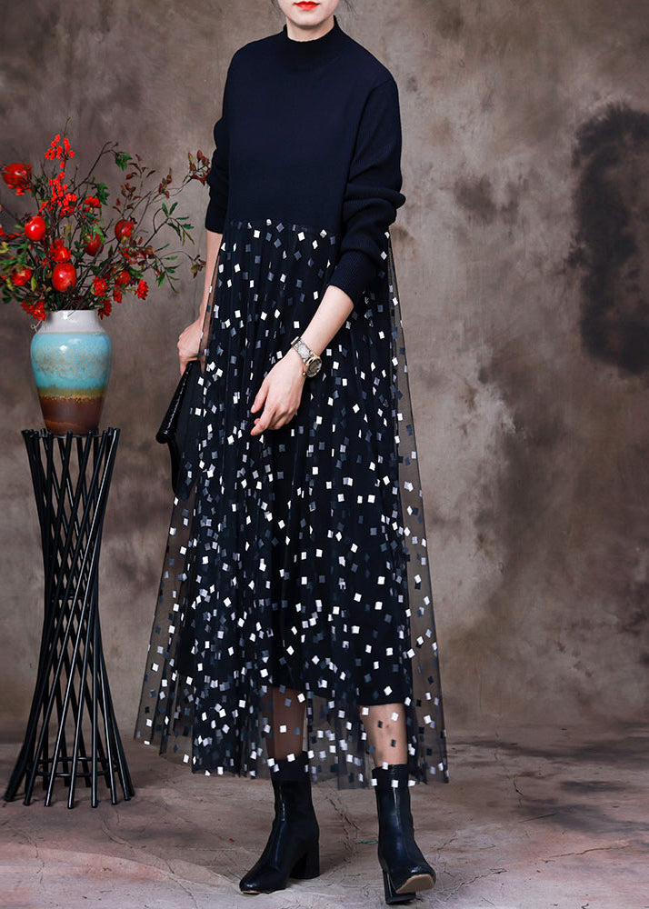 Diy Black O-neck Knit Patchwork Tulle Maxi Dress Long Sleeve