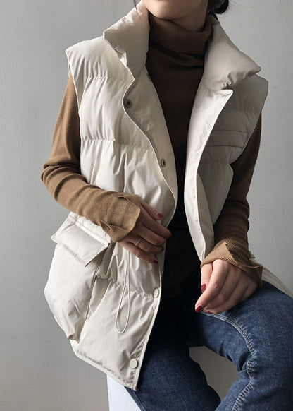 White Button Drawstring Winter Sleeveless Down Vest