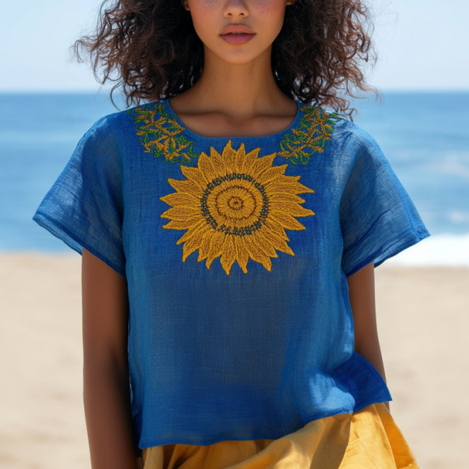 Vintage Sunflower Art Cotton Linen Comfy Shirt elevenforest