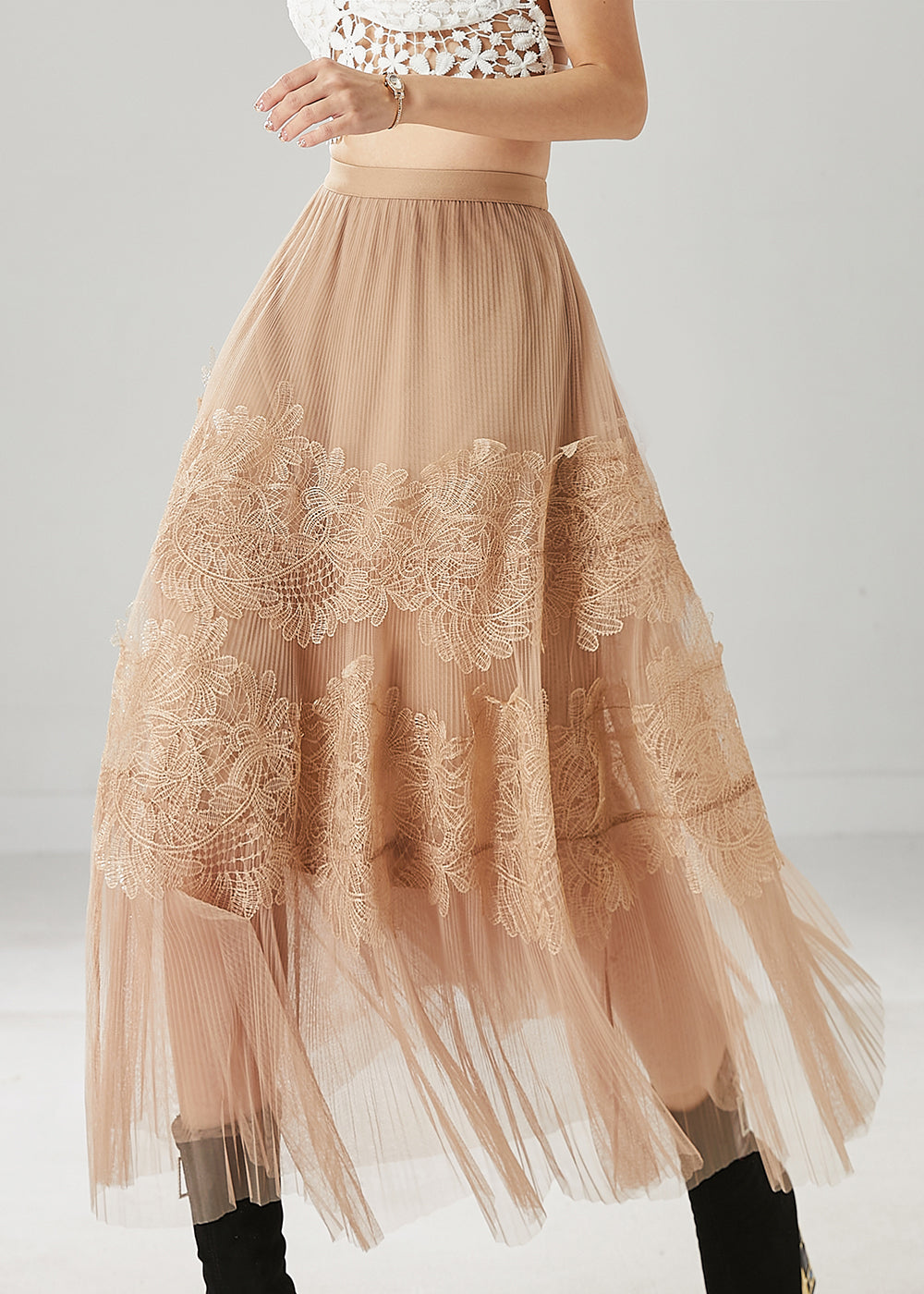 Khaki Embroidered Tulle Skirt Summer