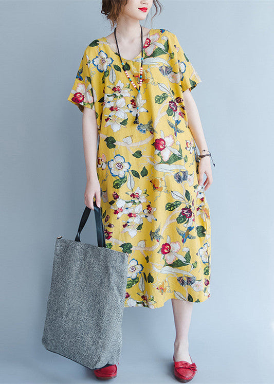 Yellow Midi Linen Dresses Traveling Clothing Back Open Cotton Dresses