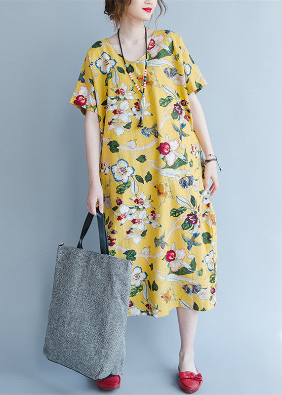 Yellow Midi Linen Dresses Traveling Clothing Back Open Cotton Dresses