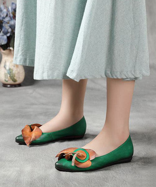 Green Splicing Cowhide Leather Flat Shoes Pointed Toe