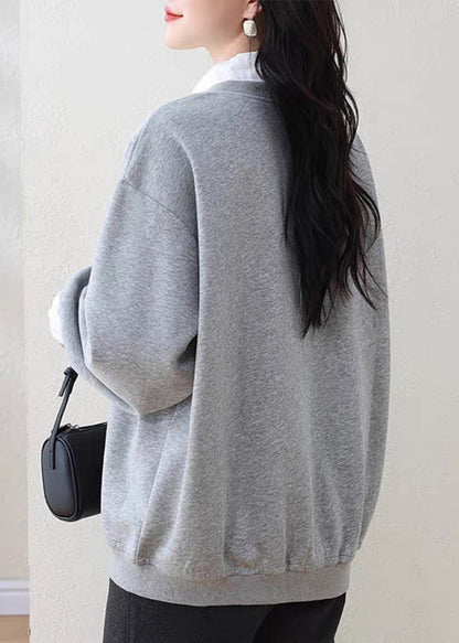 Grey Peter Pan Collar False Two Pieces Patchwork Cotton Sweatshirt Fall