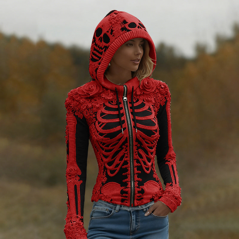 Women's Halloween Skeleton Bones With Roses Art Knitted Warm Zipper Hooded Sweater artswardrobe