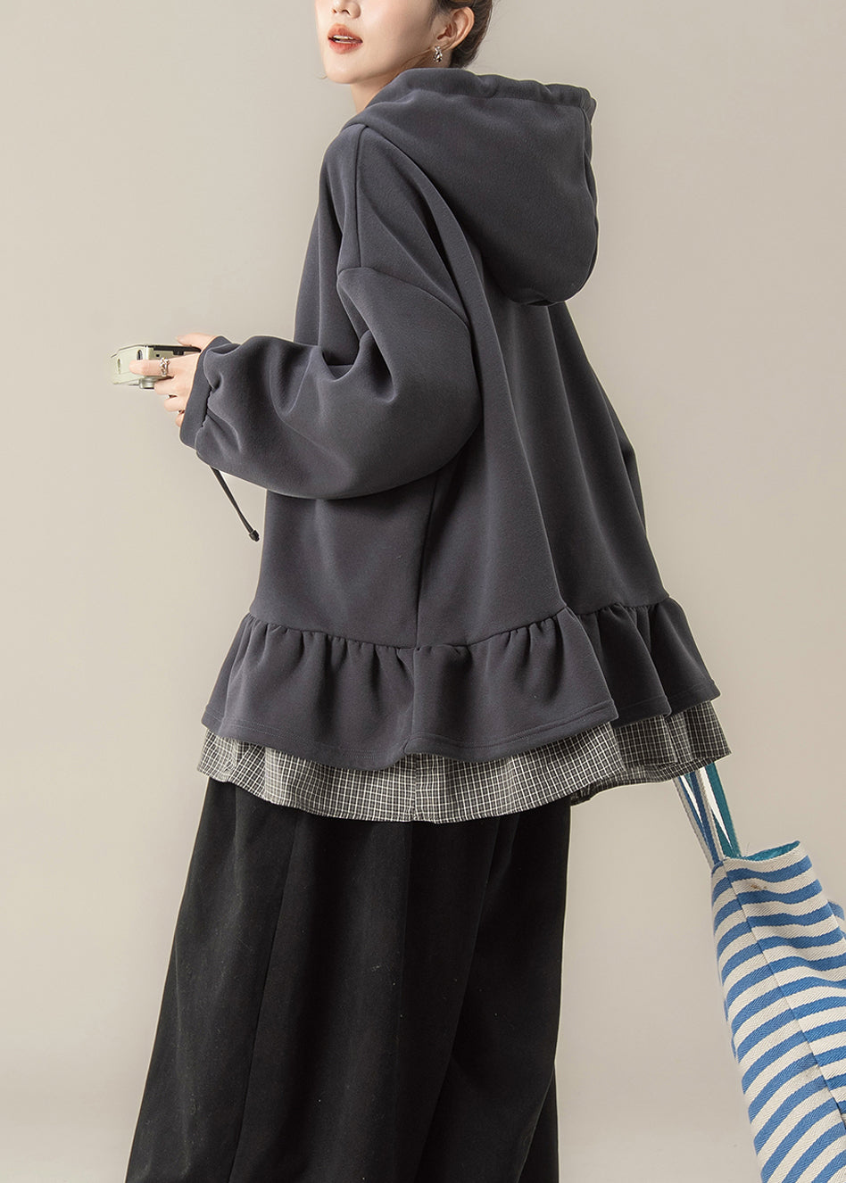Dark Grey False Two Pieces Patchwork Hooded Cotton Sweatshirts Fall