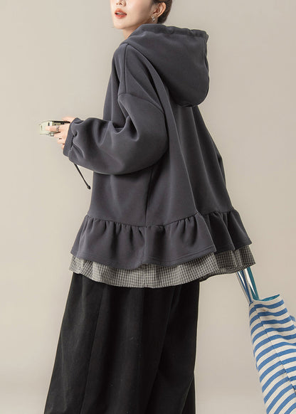 Dark Grey False Two Pieces Patchwork Hooded Cotton Sweatshirts Fall