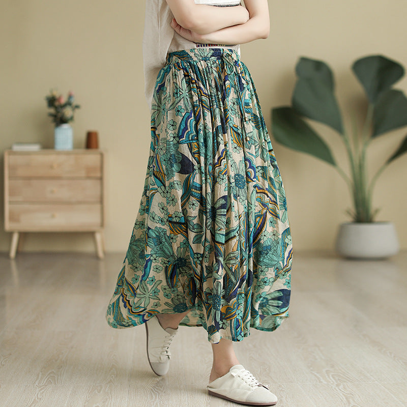 Literary Tencel Linen Print Slim A-line Skirt