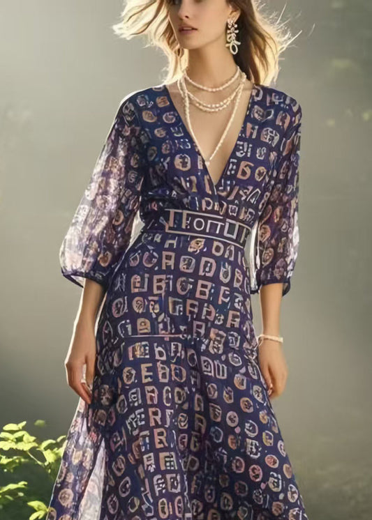 Purple V Neck Print Chiffon Mid Dress Bracelet Sleeve