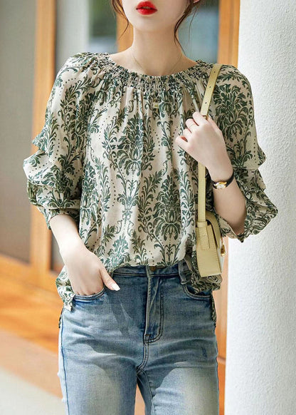Green Slash Neck Print Patchwork Chiffon Shirt Tops Summer