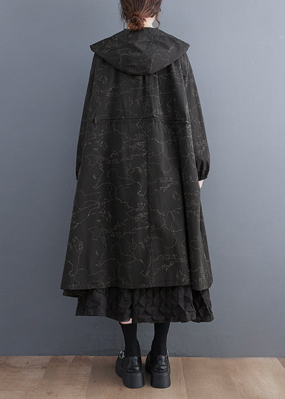 Vogue Black Asymmetrical Patchwork Print Zippered Tie Waist Hoodie Trench Coat Fall