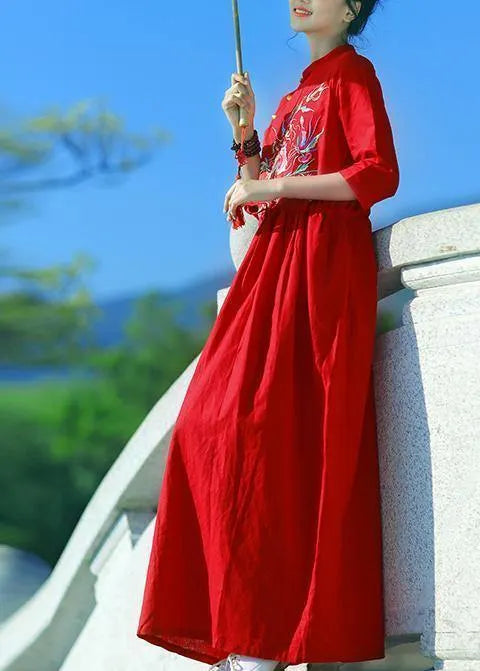 Red Embroidery Linen Robes V Neck Drawstring Summer Dresses