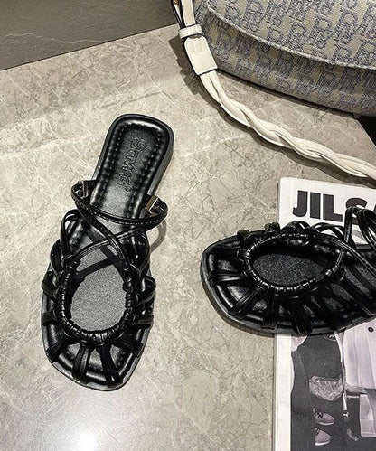 Black Pu Flat Slide Sandals Splicing Hollow Out