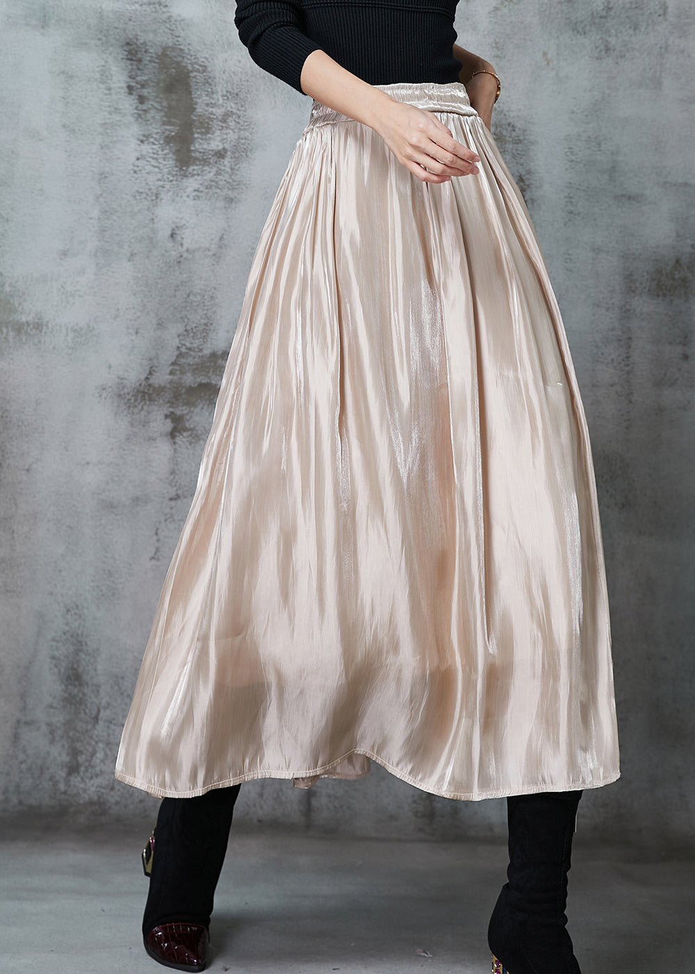 Apricot Draping Silk a Line Skirt Elastic Waist Spring
