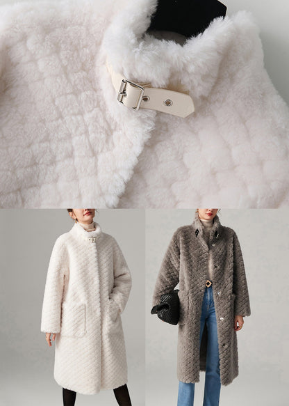 White Stand Collar Pockets Faux Fur Maxi Coats Winter