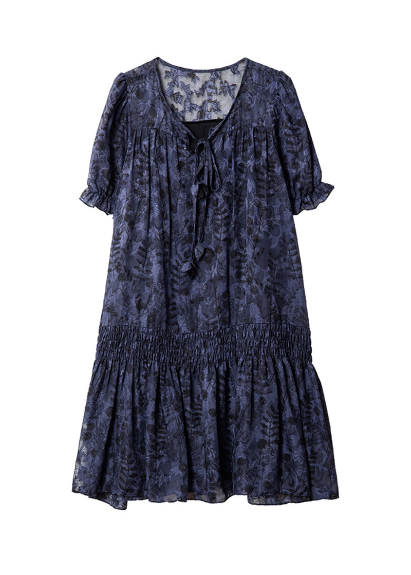 Navy V Neck Print Patchwork Chiffon Dress Summer