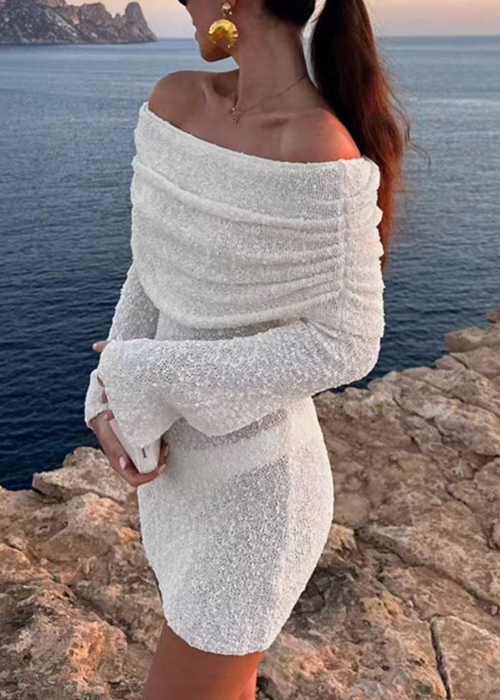 European and American Knitted Hollow Out Slash Neck Short Dress