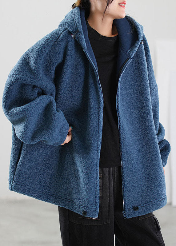French Blue Hooded Drawstring Faux Fur Jackets Winter