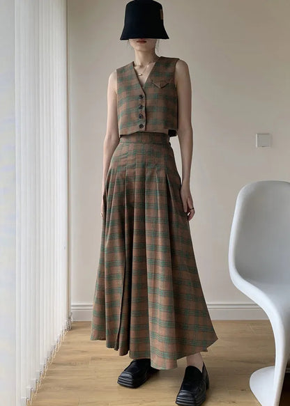 Italian Green Plaid Tops and Pleated Skirts Cotton Two Pieces Set Sleeveless