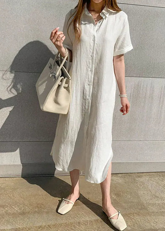 White Side Open Button Shirts Dresses Short Sleeve