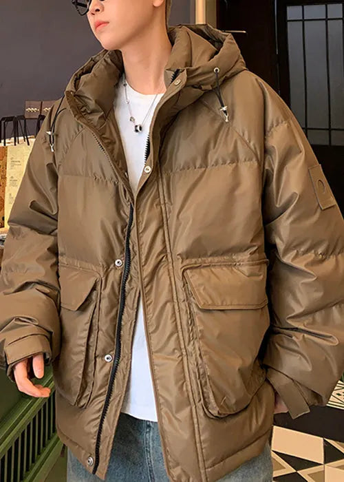 Loose Coffee Hooded Pockets Duck Down Down Coat Winter