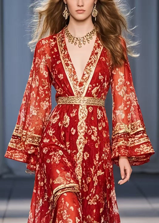 Red Print Chiffon Tunic Dress Flare Sleeve