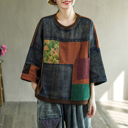 Print Denim Panel Doll Sleeve T-shirt
