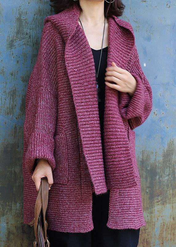 Hooded Knitted Coat Oversize Red Two Big Pockets Sweater Coat