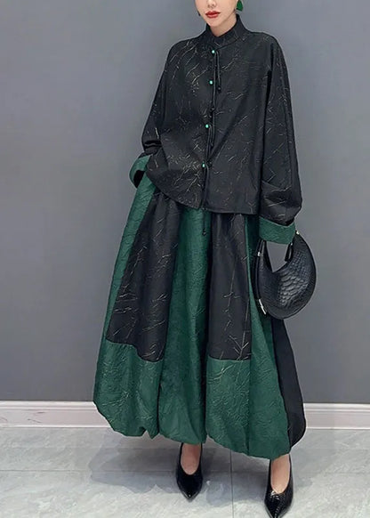 Black Patchwork Green Button Shirts and a Line Skirts Two Piece Set Fall