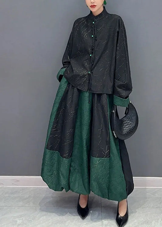 Black Patchwork Green Button Shirts and a Line Skirts Two Piece Set Fall