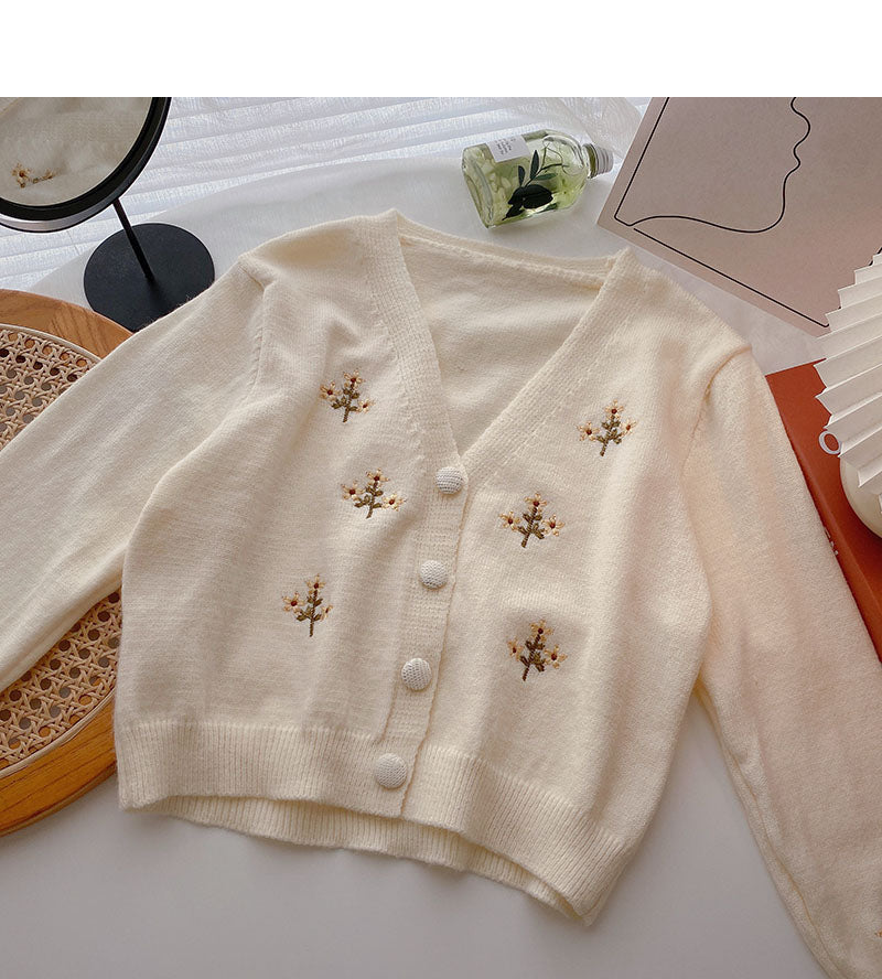 Embroidery V-neck Short Long Sleeve Jacket 5849