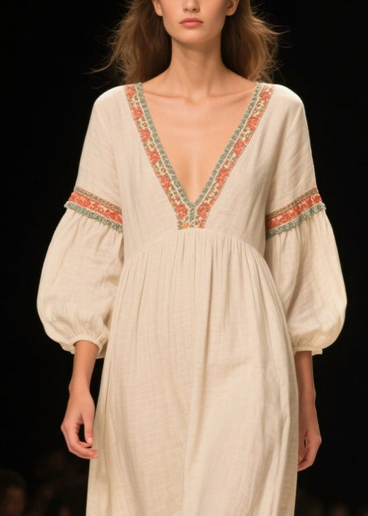 White V Neck Patchwork Linen Maxi Dresses Bracelet Sleeve