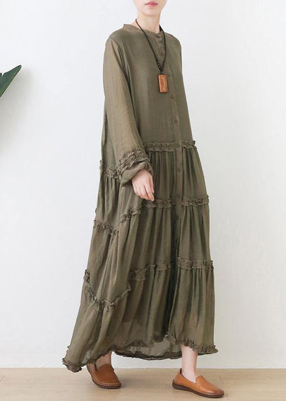 Organic Stand Collar Cinched Outfit Tutorials Army Green Dresses