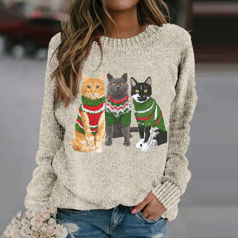 Comstylish Christmas Cat Print Cozy Knit Sweater