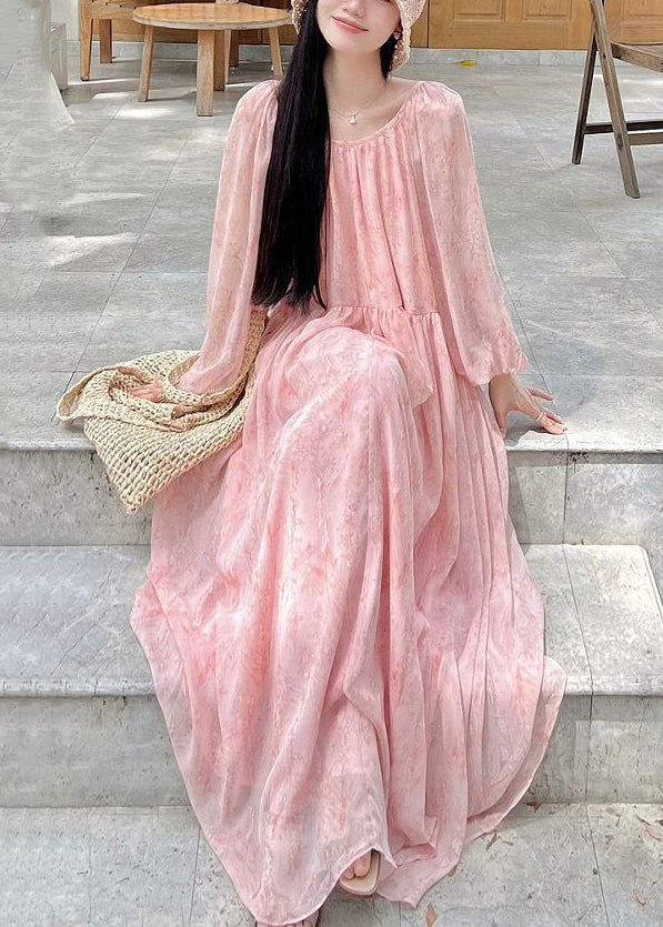 Pink Print Wrinkled Lace Up Chiffon Long Dress Fall