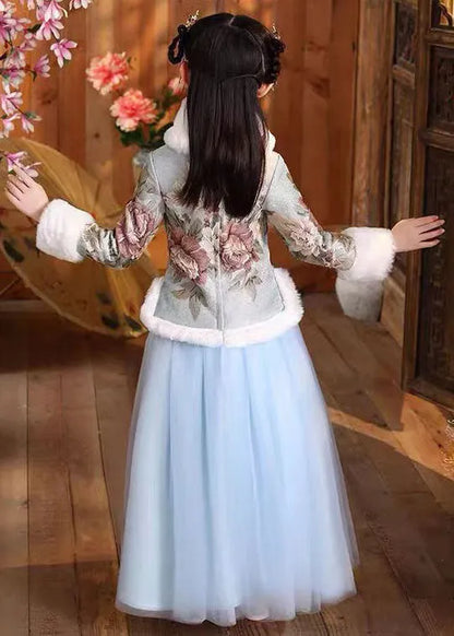 Blue Fur Collar Print Button Coats and Tulle Maxi Skirts Two Pieces Set Long Sleeve