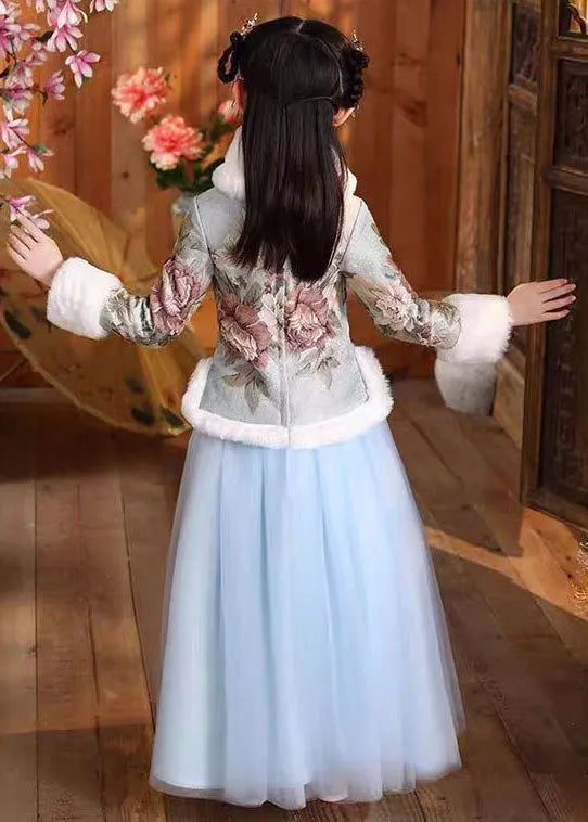 Blue Fur Collar Print Button Coats and Tulle Maxi Skirts Two Pieces Set Long Sleeve