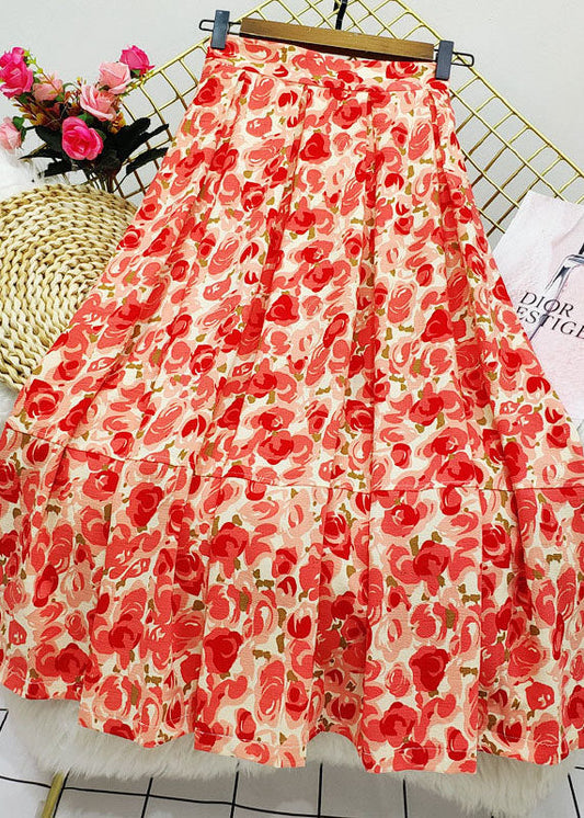 Red Wrinkled Patchwork Print Cotton Skirt Summer