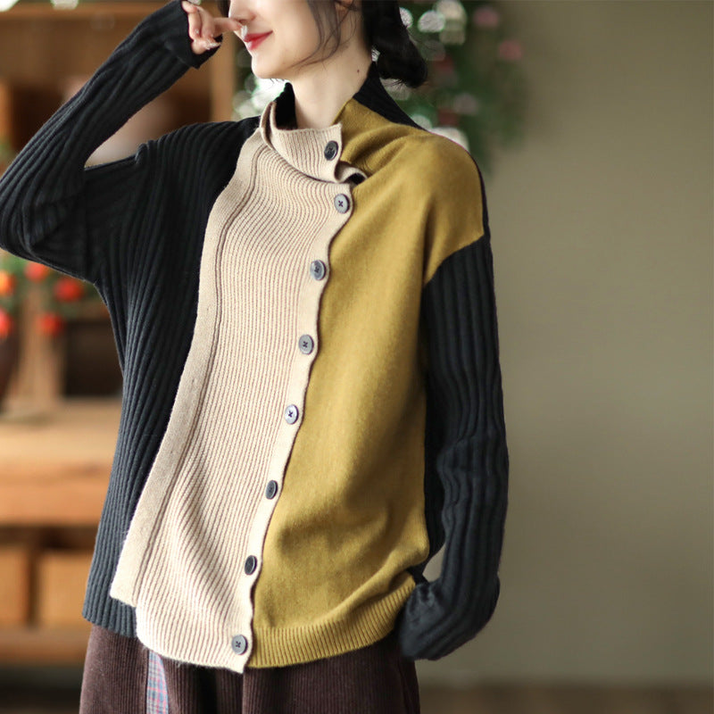 Color-block Long-sleeved Knitted Elastic Slim Sweater
