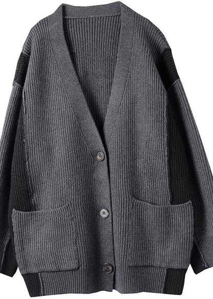 For Gray Knitted Pullover V Neck Button Downfall Knit Ssweat Tops