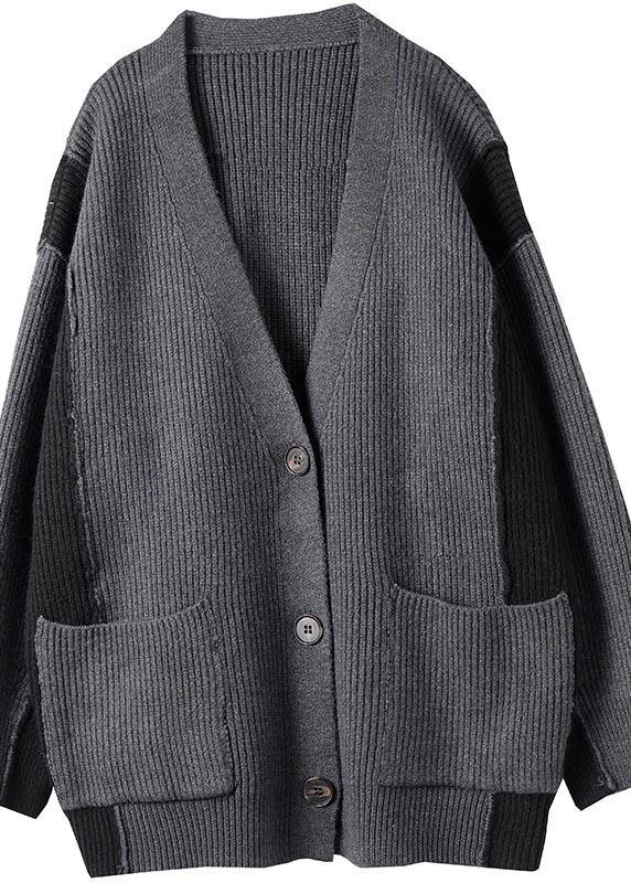 For Gray Knitted Pullover V Neck Button Downfall Knit Ssweat Tops