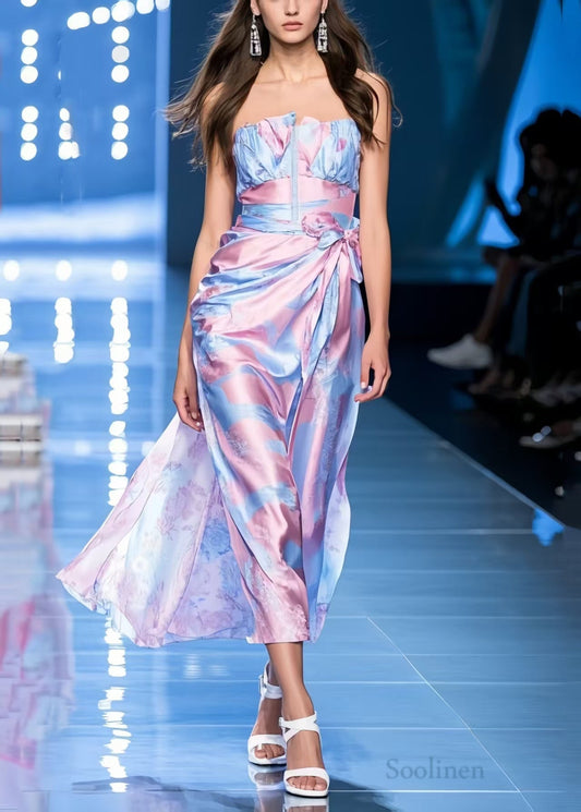 Colorblock Print Bow Ice Silk Vestidos Strapless Dress