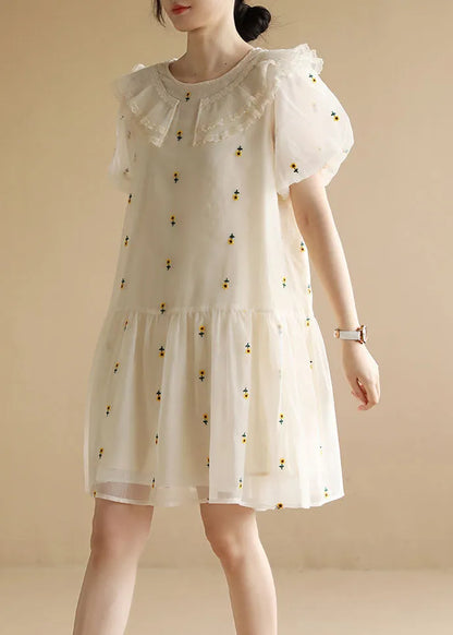Italian White O-neck Embroideried Tulle Vacation Dresses Short Sleeve