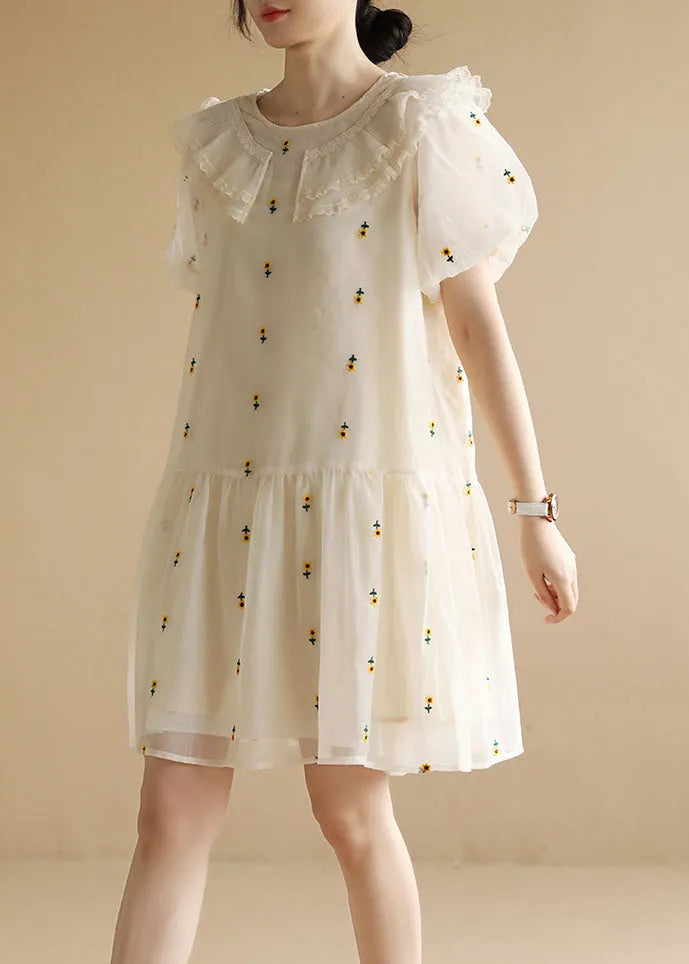 Italian White O-neck Embroideried Tulle Vacation Dresses Short Sleeve