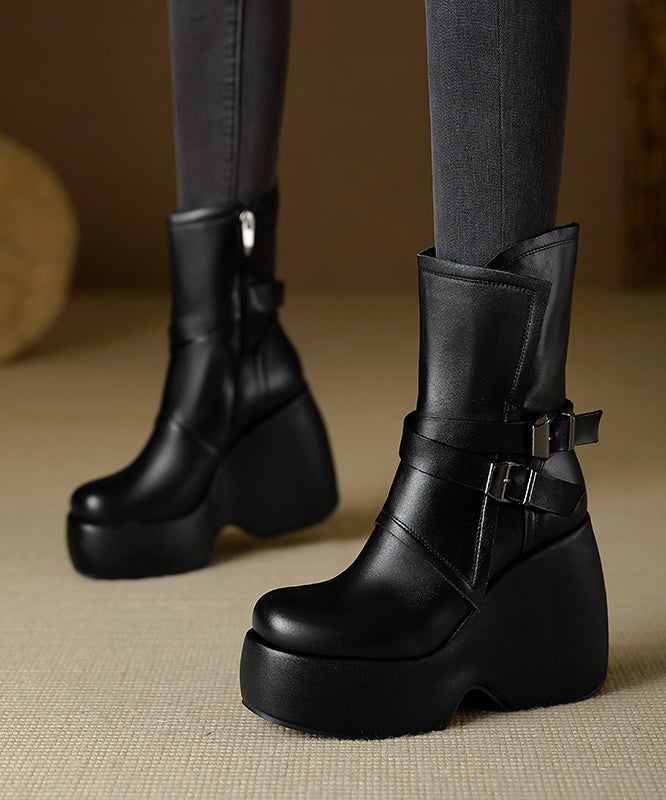 Splicing Wedge Boots Black Cowhide Leather