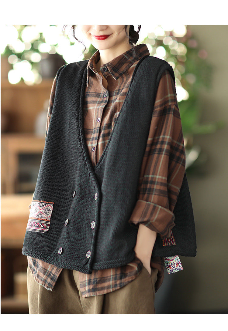 Knit Loose Double-breasted Patch Vest