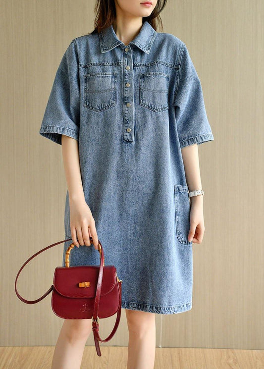 Denim Blue Peter Pan Collar Pockets Summer Cotton Mid Dress Half Sleeve