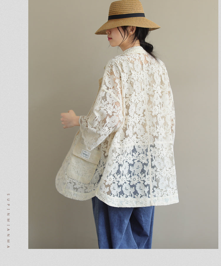 Loose Lace Embroidered Suit Collar Slim Coat
