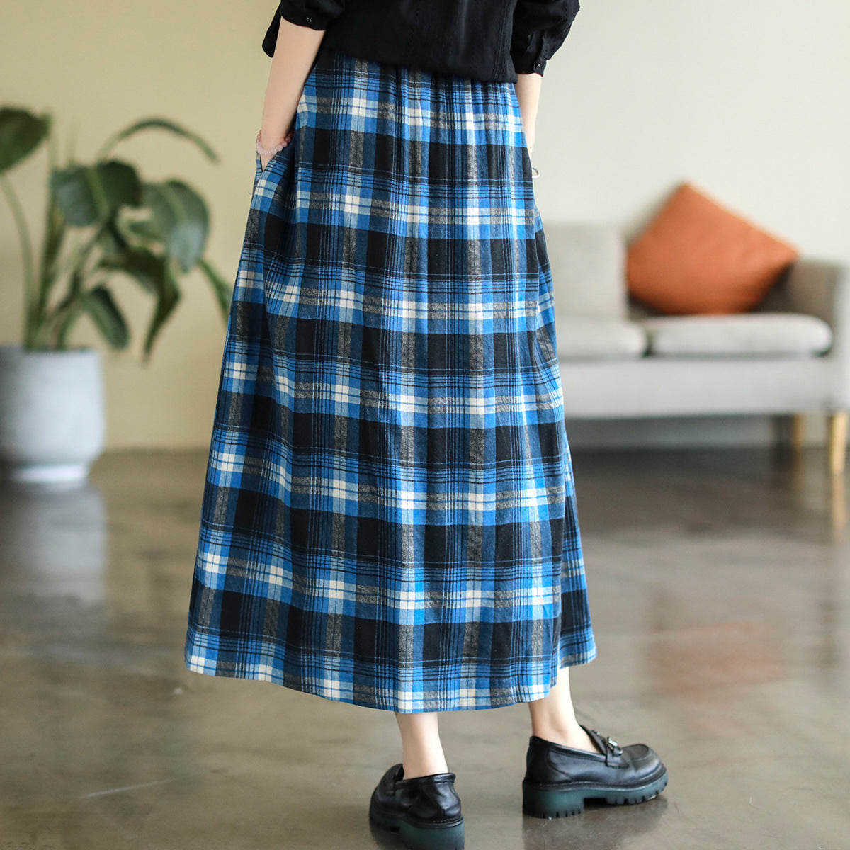 Cotton and Linen Check Elastic High Waist A-line Skirt